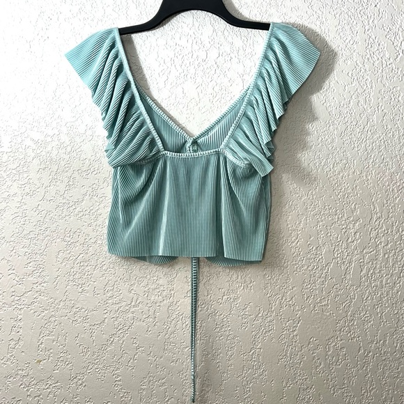 ZARA Mint Blue Pleated Crop Off shoulder Ruched drawstring Trendy Casual Tops - Picture 3 of 6